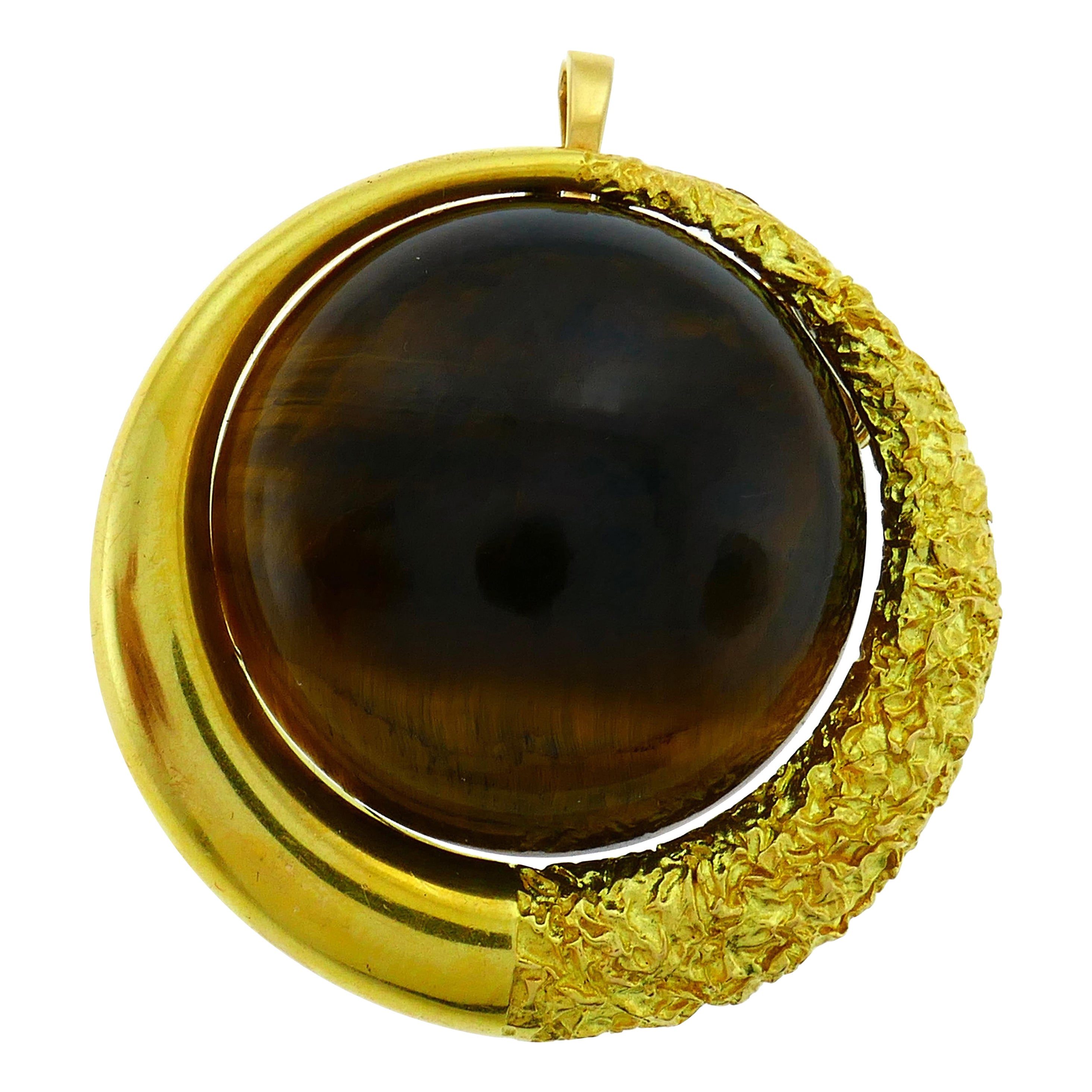 Vintage Pendant Pin 18k Gold Tiger's Eye French Brooch Clip