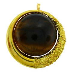 Vintage Pendant Pin 18k Gold Tiger's Eye French Brooch Clip