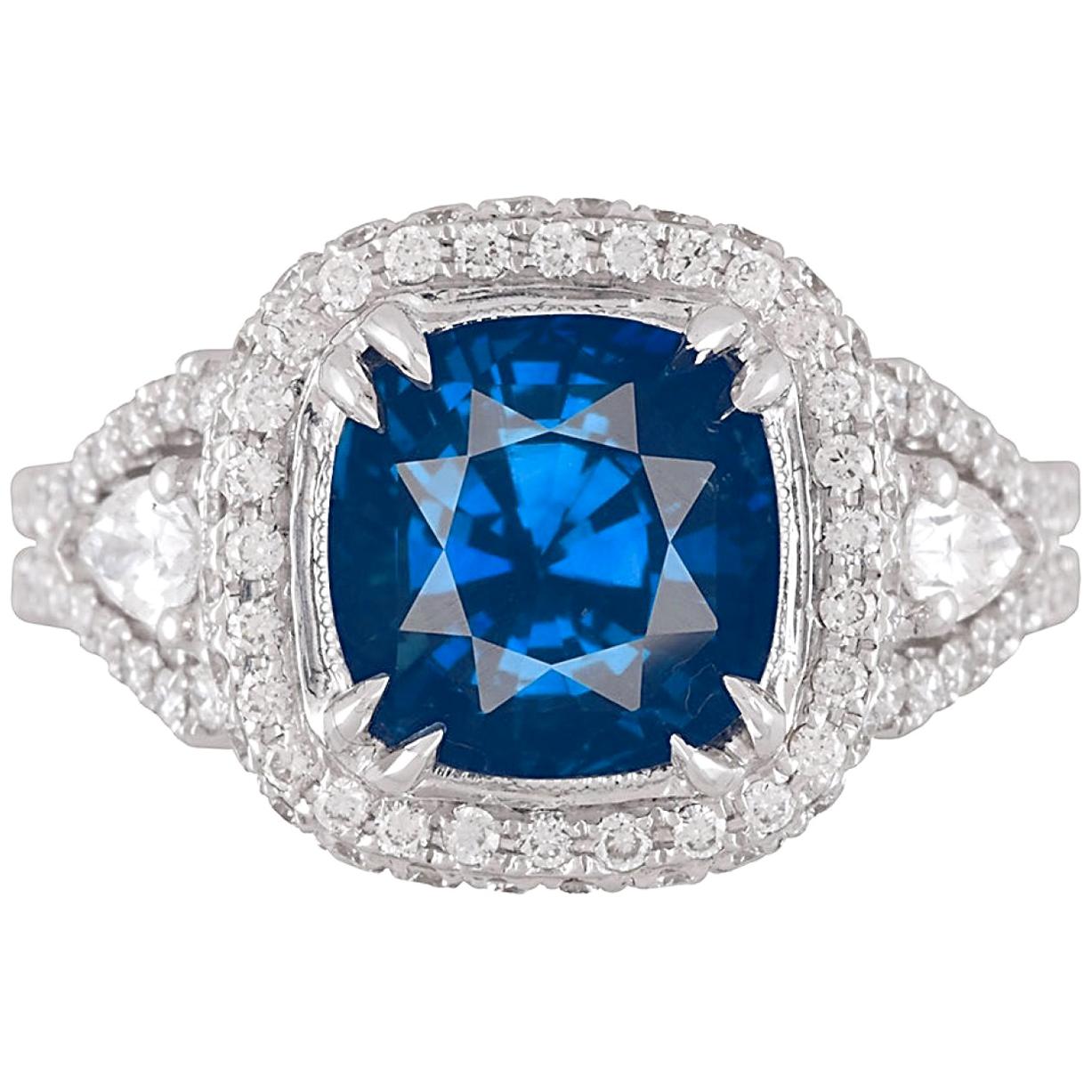GIA Certified 3.59 Carat Cushion Cut Blue Sapphire and Diamond Ring