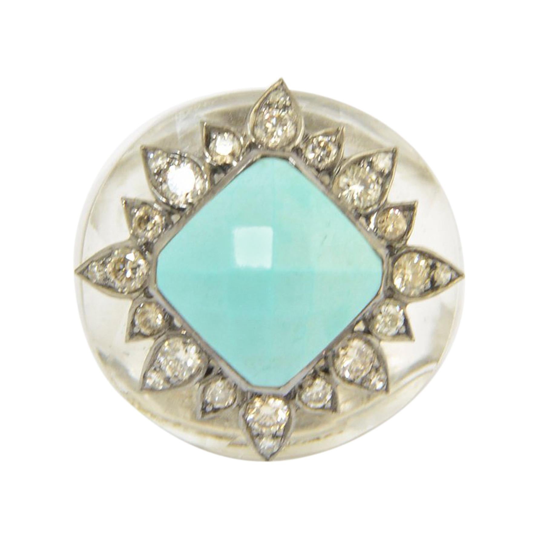 Modern Rock Crystal Turquoise Diamond Sterling Statement Ring For Sale