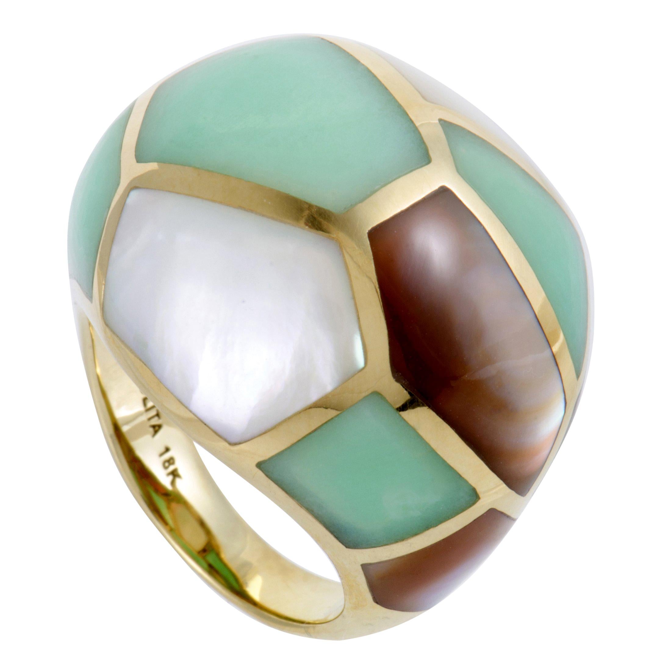 Polished Rock Candy Yellow Gold Mother of Pearl and Agate Dome Ring