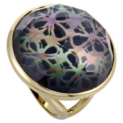 Polished Rock Candy Yellow Gold Quartz Mother of Pearl and Onyx Ring