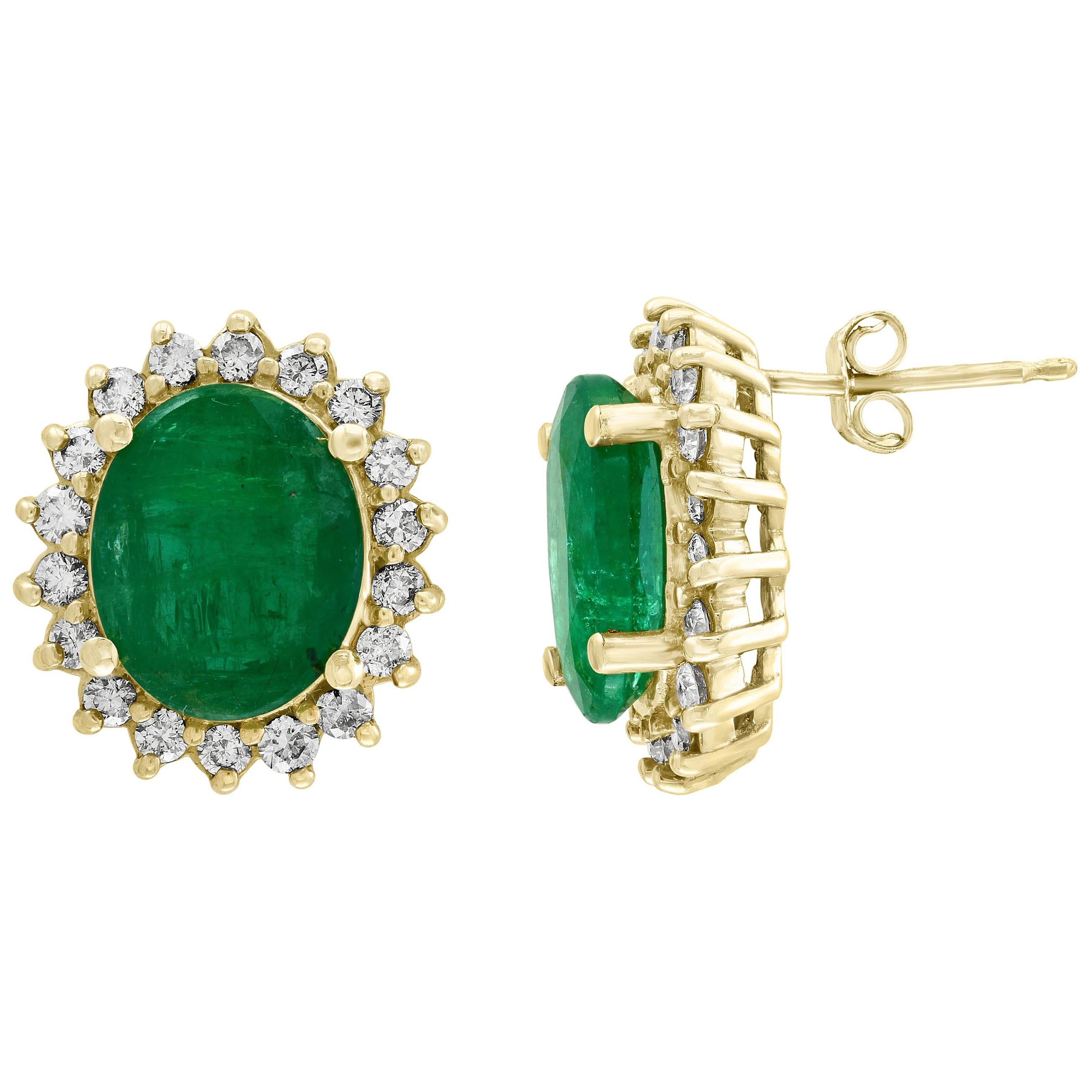 8 Carat Oval Emerald Diamond Stud Earrings 14 Karat Gold