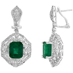 6 Carat Emerald Cut Emerald Diamond Hanging Earrings 18 Karat Gold