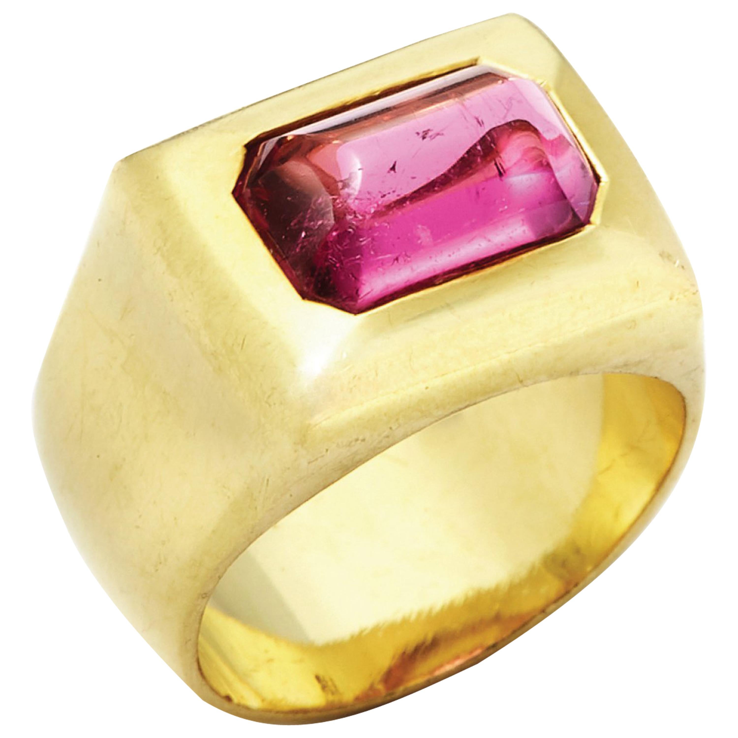 Susan Lister Locke 2.87 Carat Pink Tourmaline set in 18K Gold Greek Signet Ring For Sale