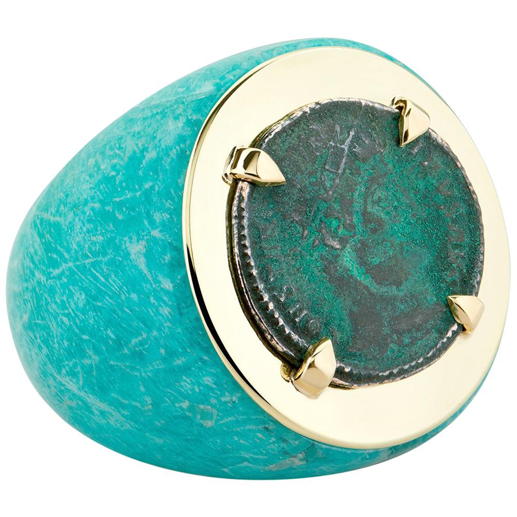 Dubini Bague en or 18 carats et amazonite avec pièce de monnaie romaine impériale antique en bronze