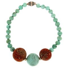 Turquoise 14 Karat Yellow Gold Coral Diamonds Rope Necklace