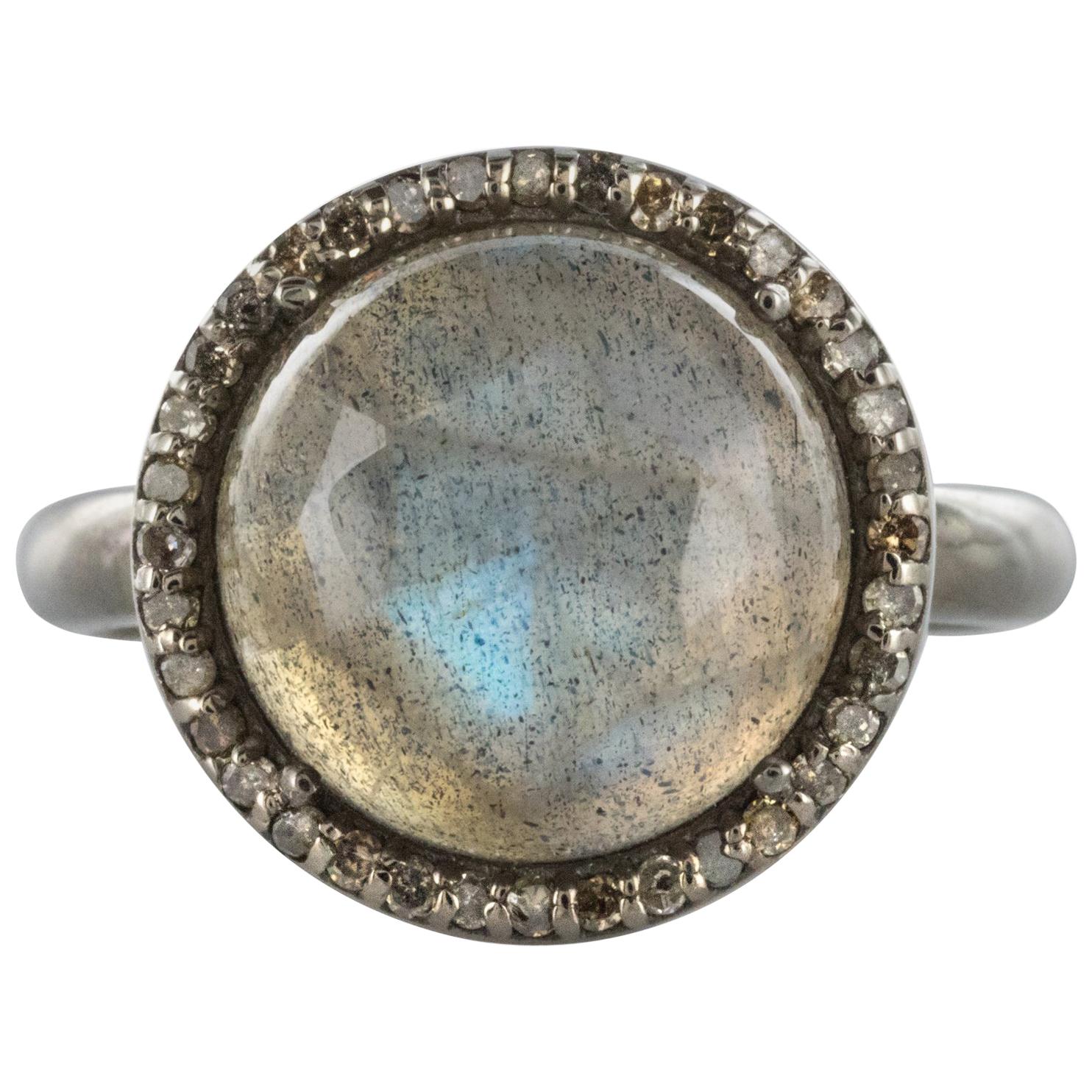 New Labradorite Diamonds Silver Cluster Ring