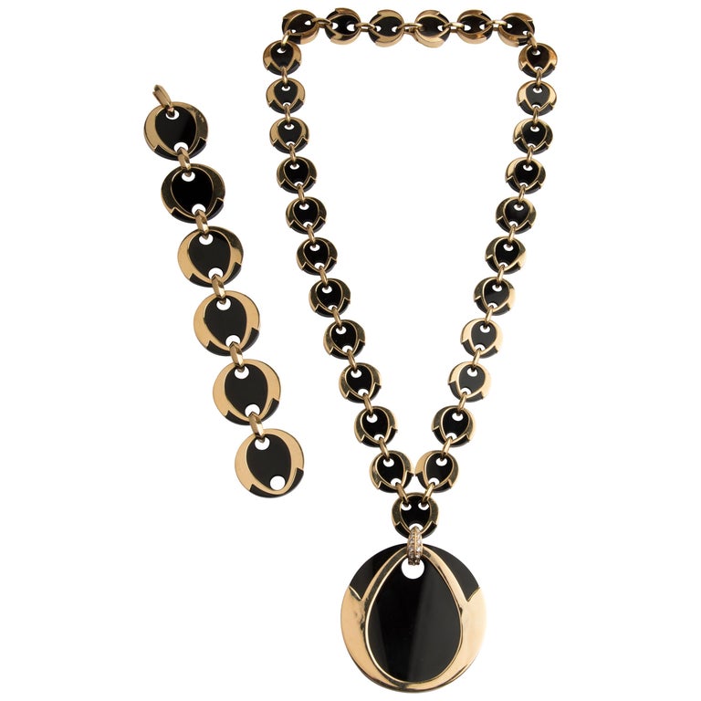 Boucheron 18 Karat Gold Diamond and Onyx Bracelet and Necklace Parure ...