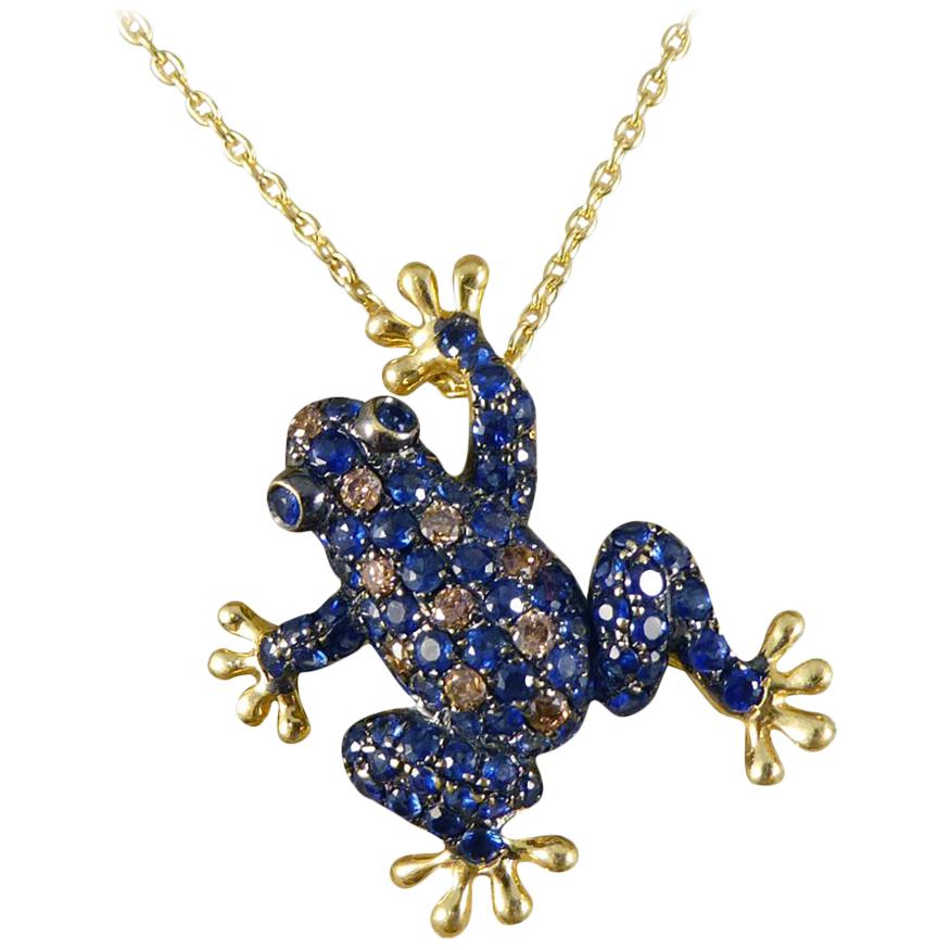 Sapphire, Champagne Diamond Frog Pendant 18 Carat Brooch on 9 Carat Gold Chain