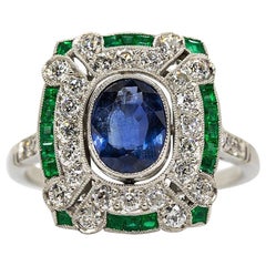 Handmade Estate Platinum Sapphire, Diamonds and Emeralds Ring