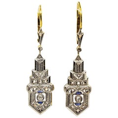 Antique Art Deco 18 Karat Gold and Platinum Diamonds and Sapphires Earrings