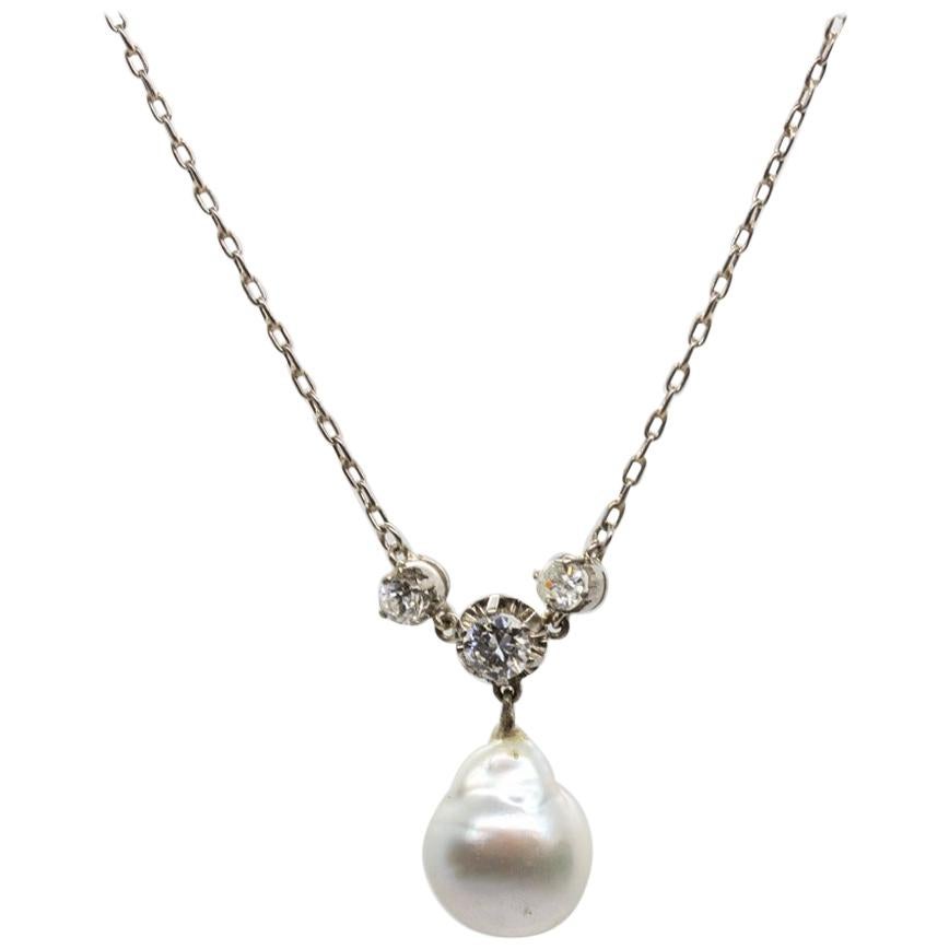 Antique Edwardian Platinum GIA Certified Pearl and Diamonds Pendant im Angebot