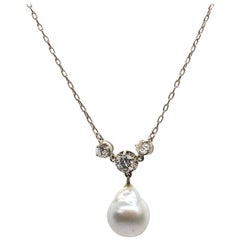 Antique Edwardian Platinum GIA Certified Pearl and Diamonds Pendant