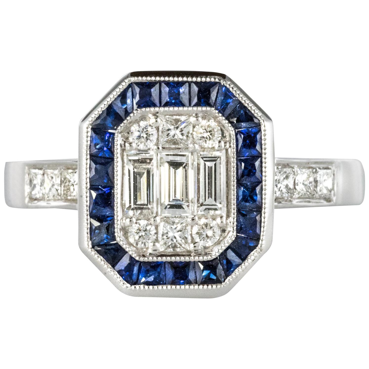 Art Deco Style Diamond Calibrated Sapphires Ring