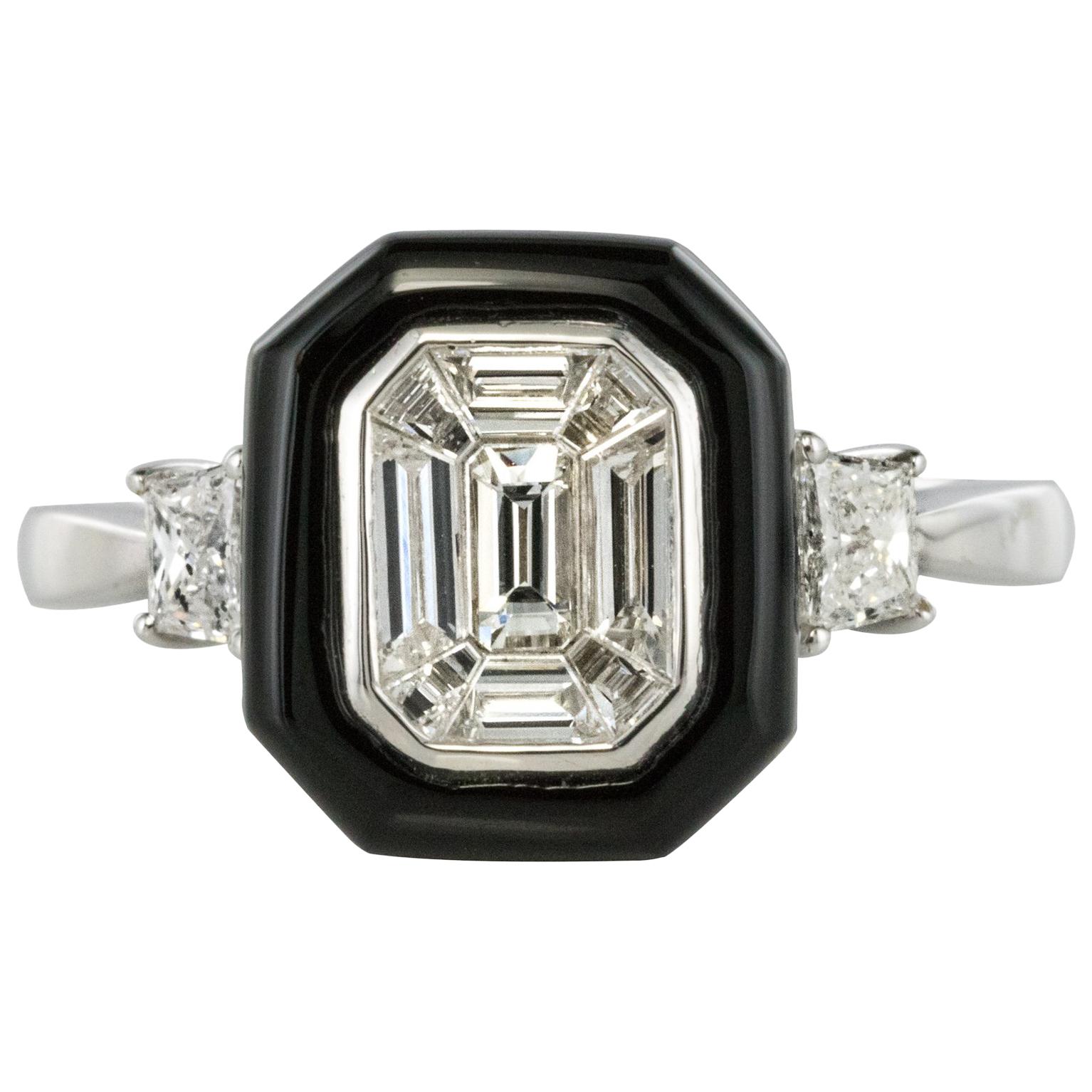 New Art Deco Style Baguette Diamond Black Agate Ring