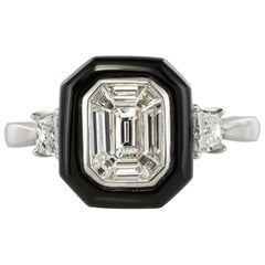 Neu Art Deco Stil Baguette Diamant Schwarzer Achat Ring