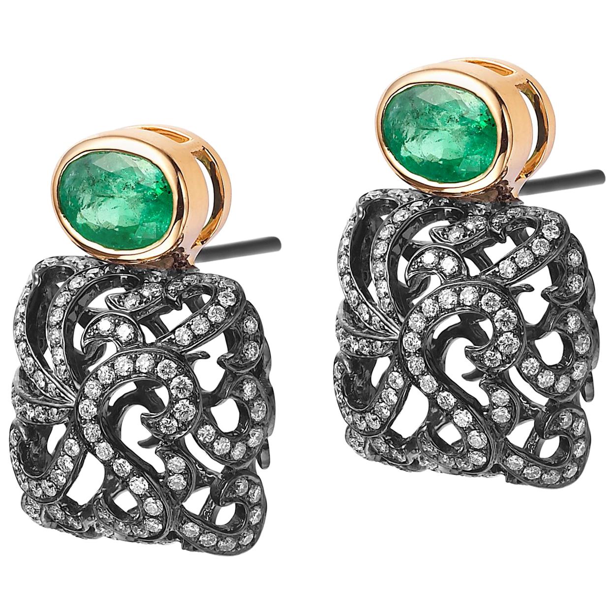 Fei Liu Emerald Yellow Gold Diamond Black Gold Studd Earrings