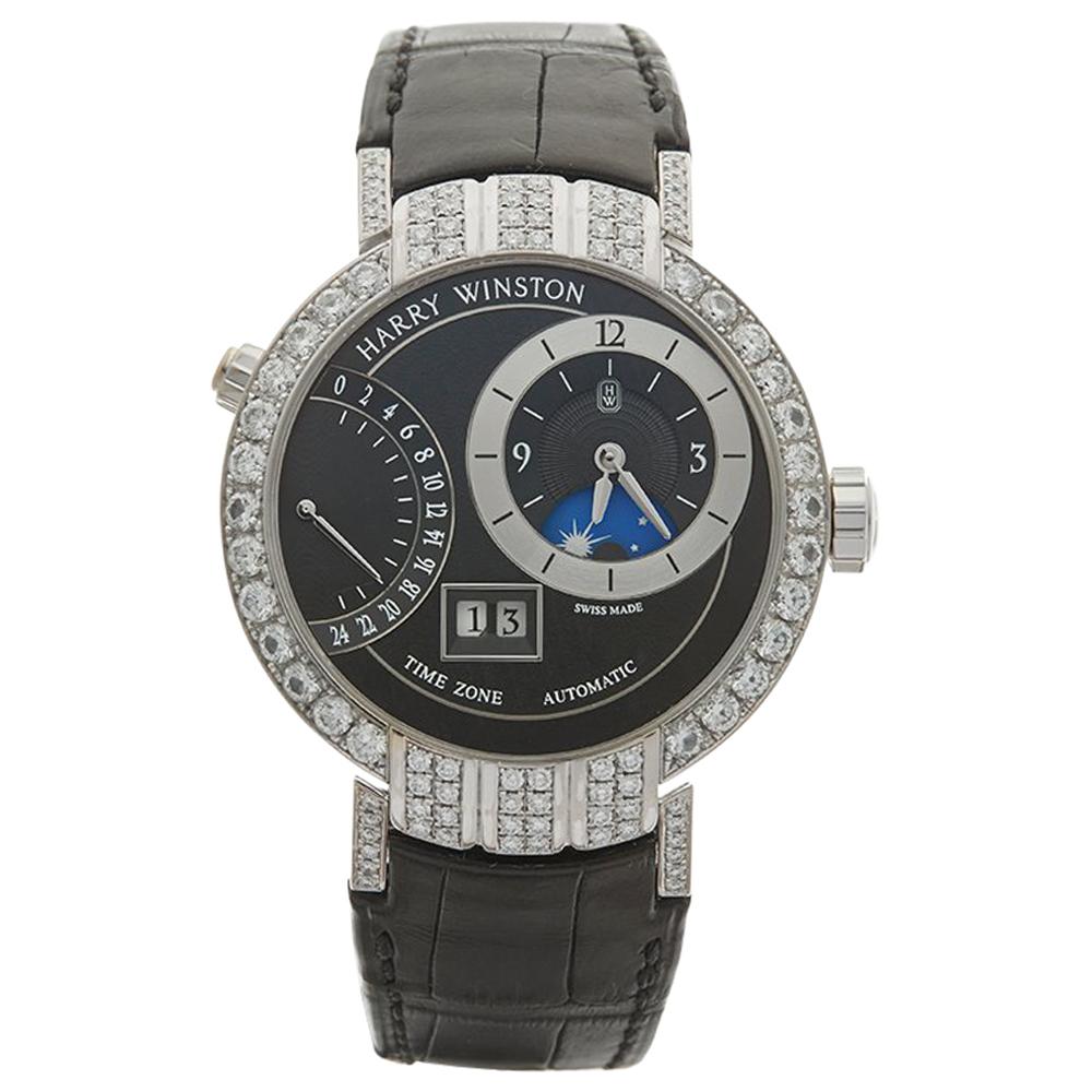 2015 Harry Winston Premier Excenter Timezone Afterset Diamonds White Gold Watch