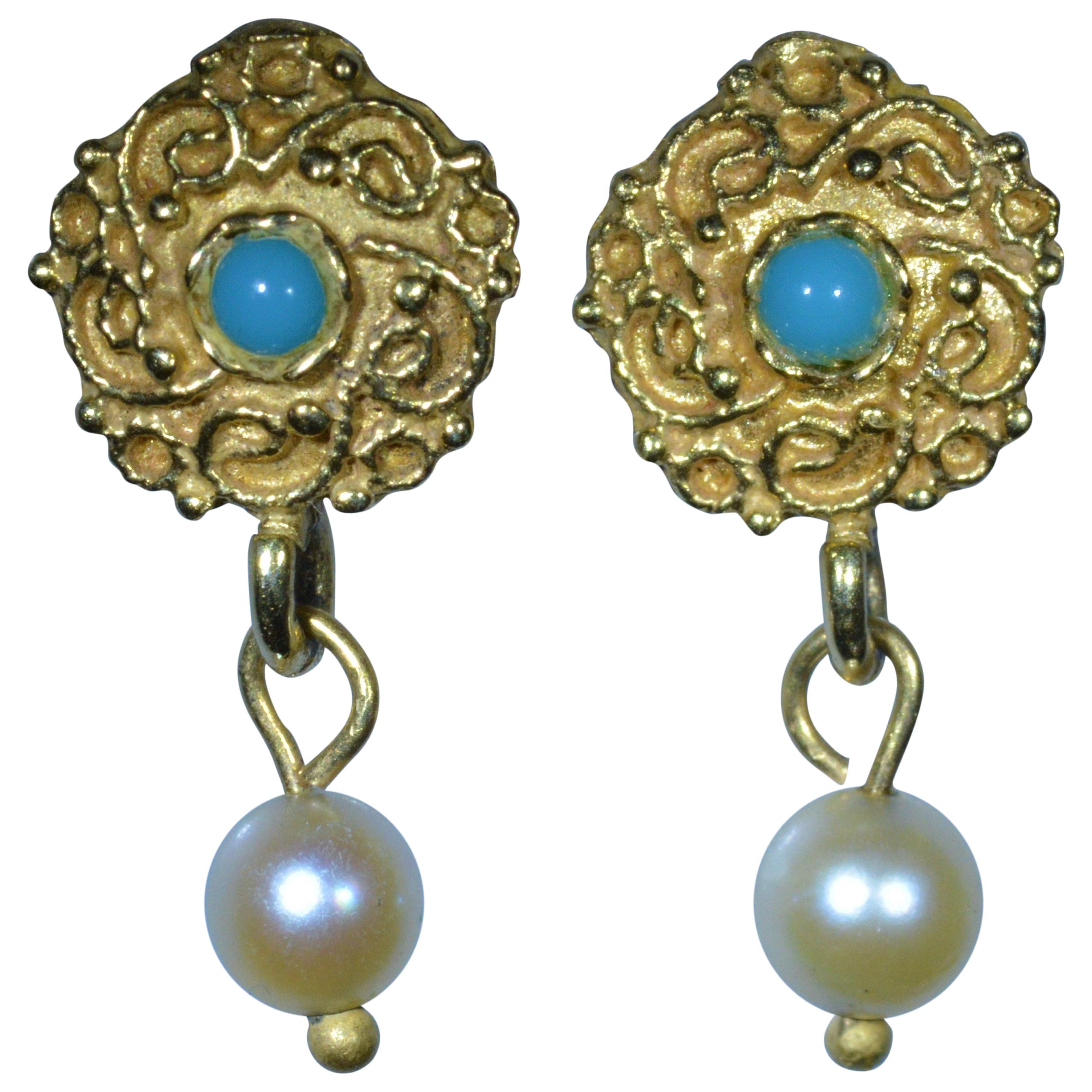 Vintage Turquoise and Pearl Dangler Earrings in Yellow Gold For Sale