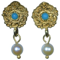 Vintage Turquoise and Pearl Dangler Earrings in Yellow Gold