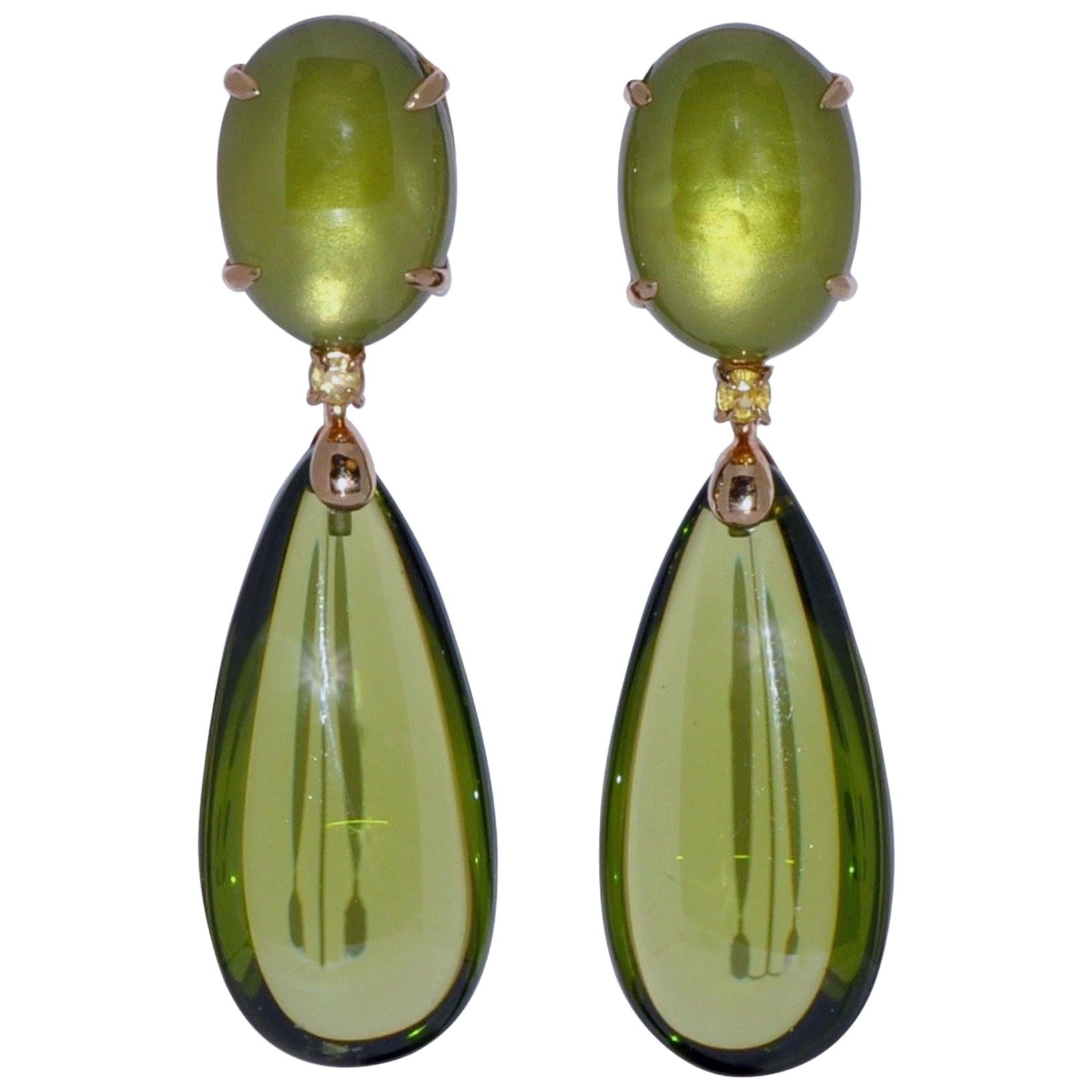 Pink Quartz and Topaz Yellow Gold Chandelier Earrings For Sale at