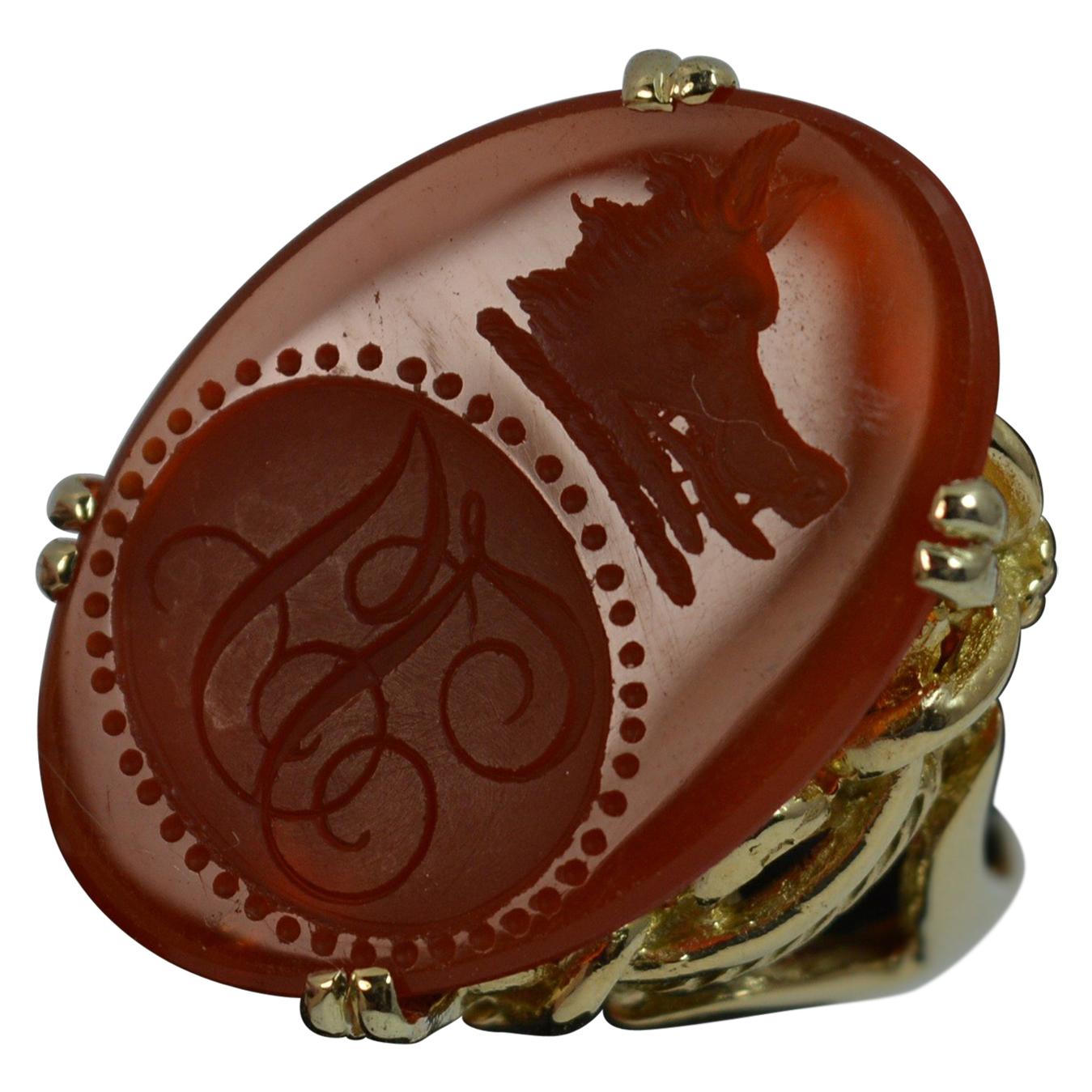 Large Wild Boar Head Carnelian Agate and 9 Carat Gold Intaglio Seal Signet Ring