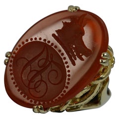 Vintage Large Wild Boar Head Carnelian Agate and 9 Carat Gold Intaglio Seal Signet Ring