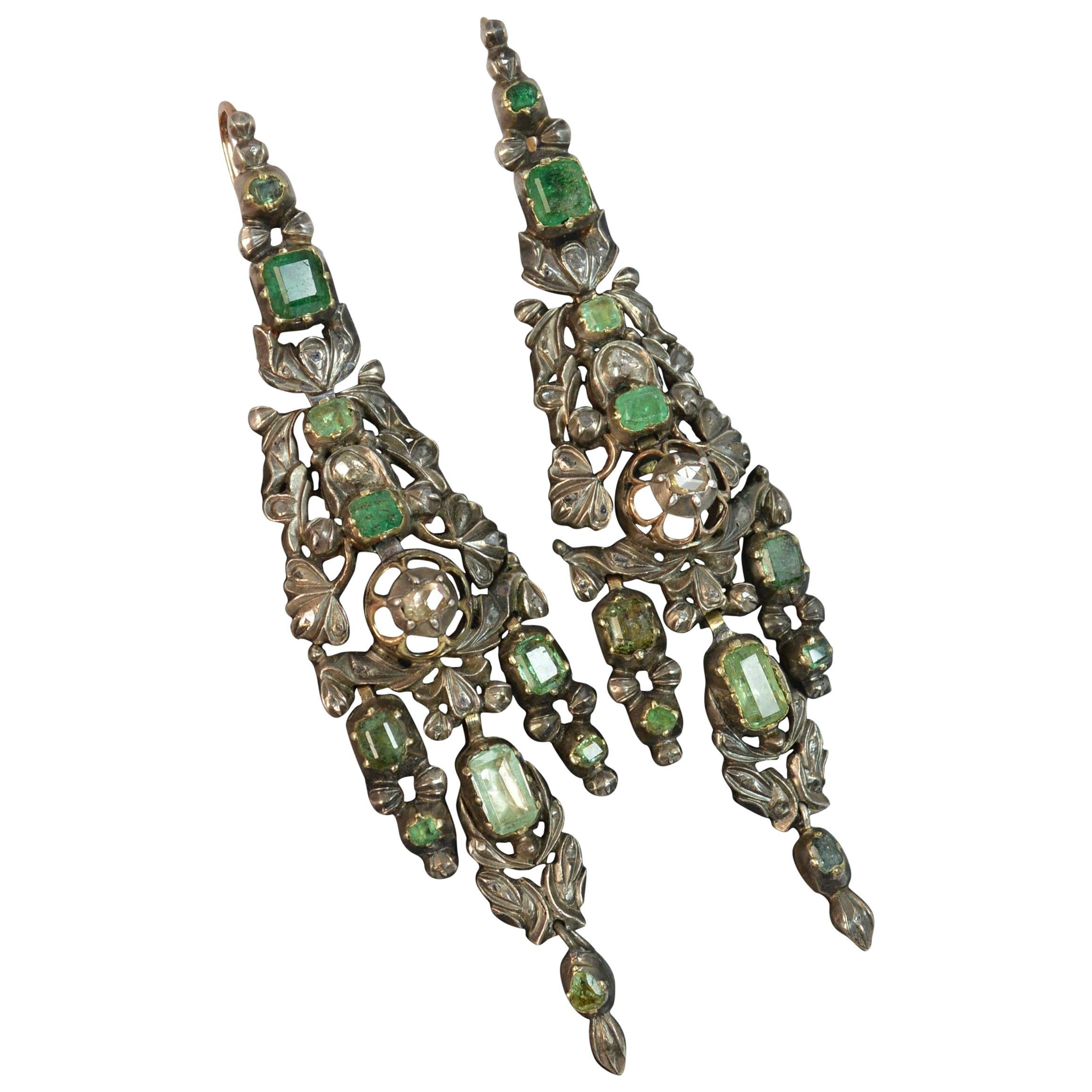 Georgian Portuguese Emerald Diamond and Rose Gold Earrings
