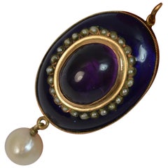 Victorian 9 Carat Rose Gold Enamel Amethyst and Seed Pearl Pendant