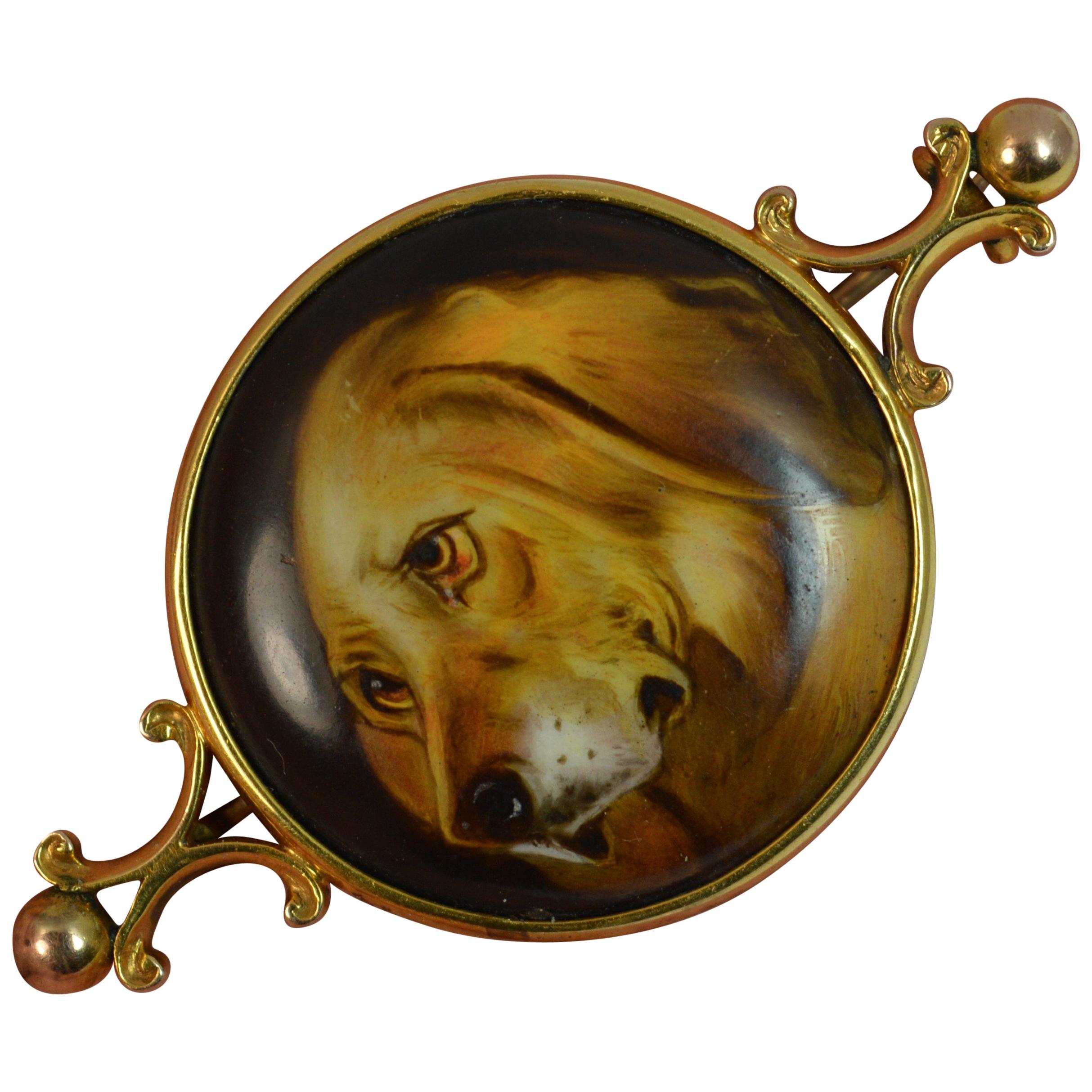 Victorian Hand Painted Spaniel Dog 15 Carat Gold Brooch