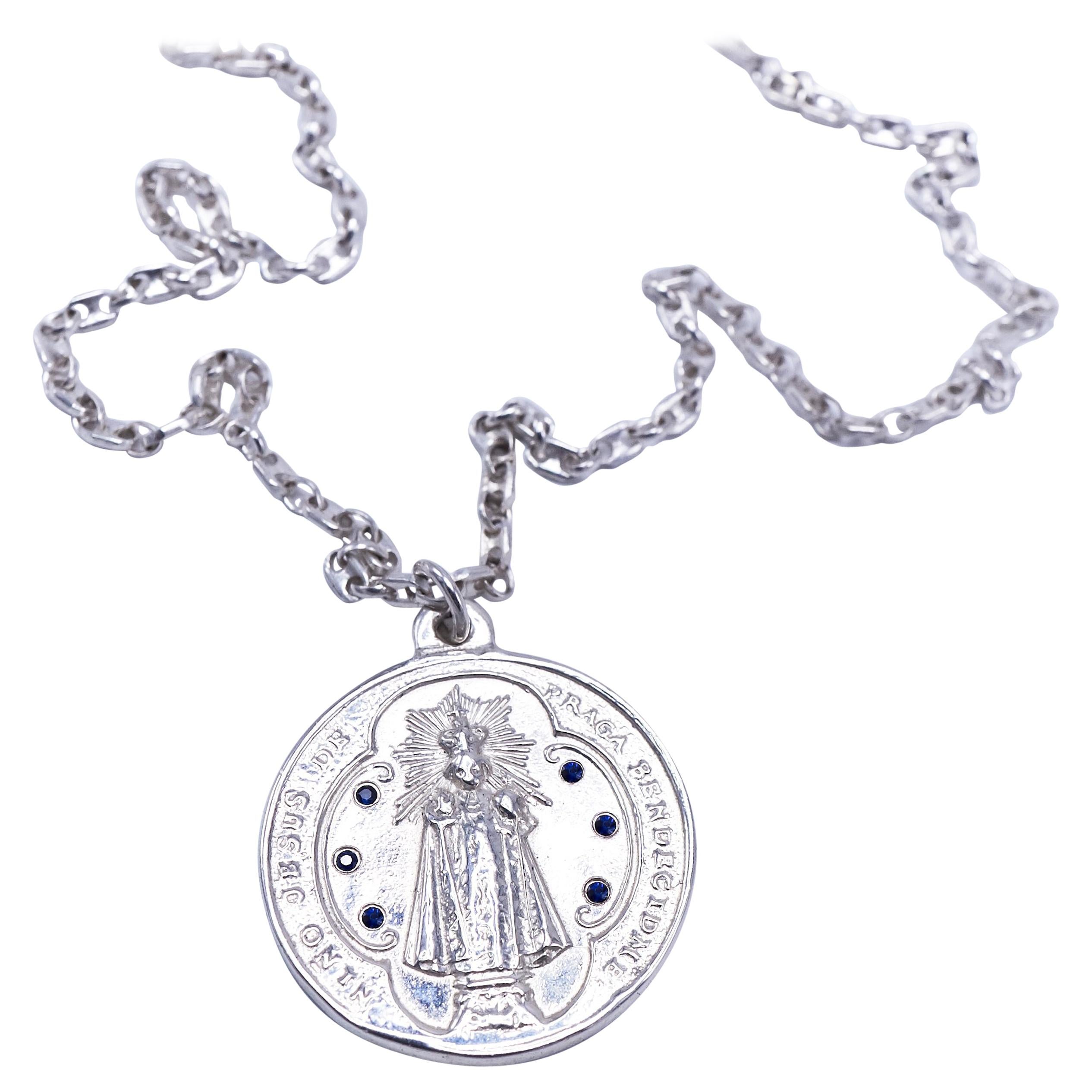 Blue Sapphire Medal Chain Necklace  Silver