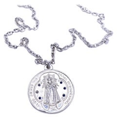 Used Blue Sapphire Medal Chain Necklace  Silver