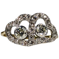 Vintage Antique Twin White Diamond Hearts Engagement Ring Tou et Moi .60 Carat