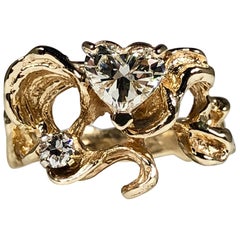 Yellow Gold White Diamond Heart Engagement 
Matching Wedding Band Set .70ct