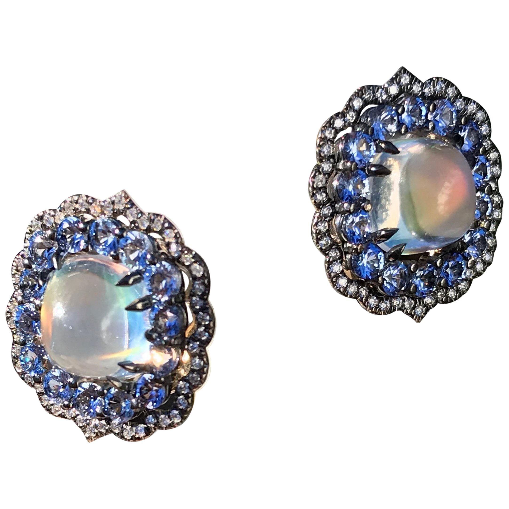 Rainbow Moonstone Earrings with Blue Sapphire and Diamond Accent
