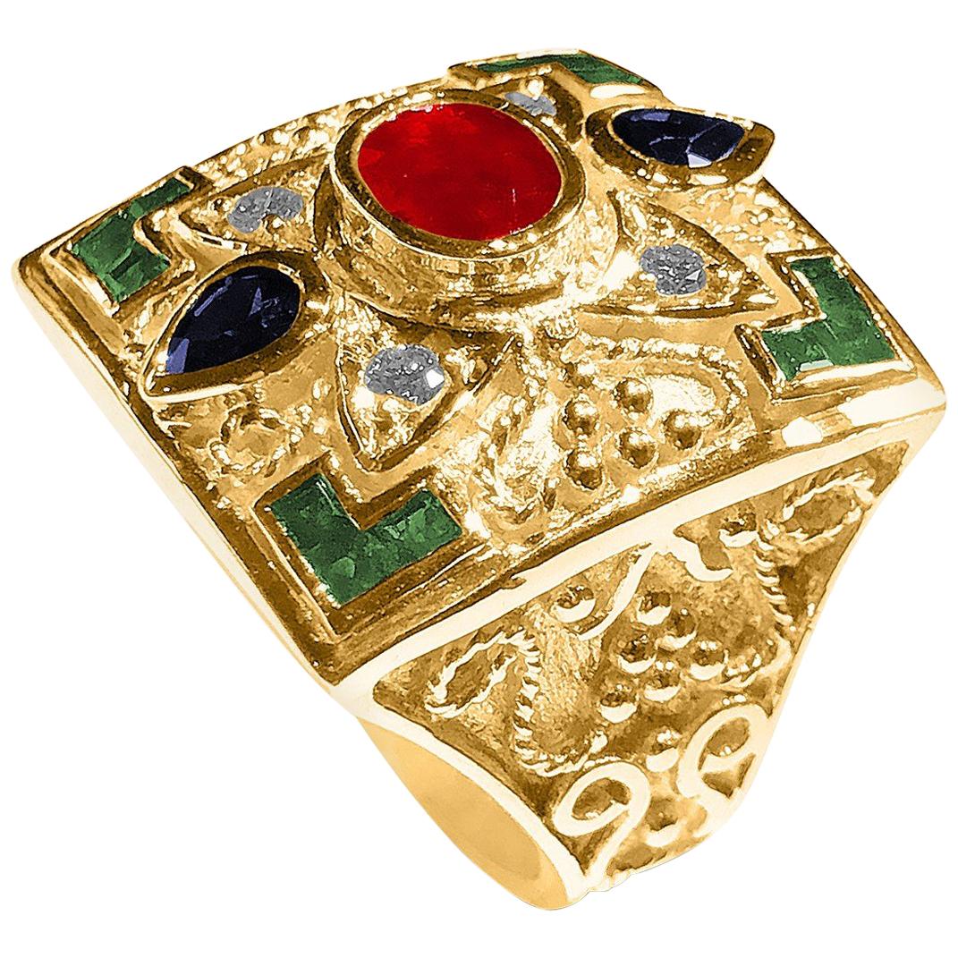 Georgios Collections 18 Karat Yellow Gold Ruby Ring With Emerald and Sapphires