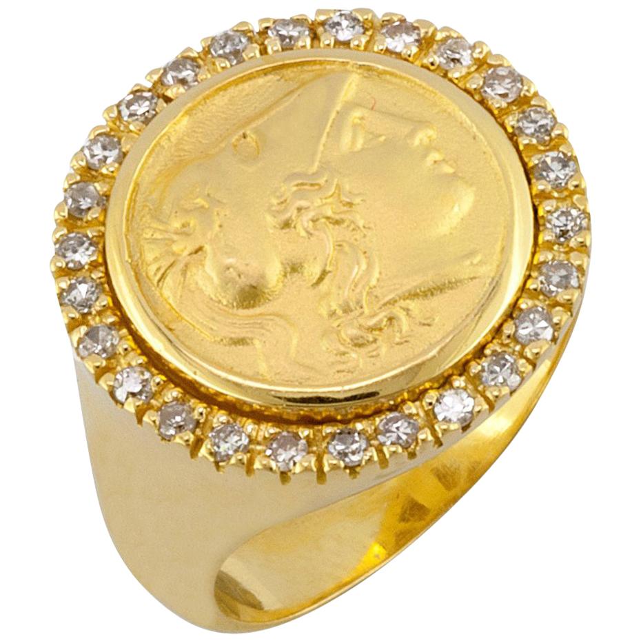 Georgios Collections 18 Karat Yellow Gold Diamond Ring with an Athina Coin