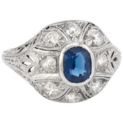 Antique Edwardian Sapphire Diamond Ring Platinum Old Mine Filigree Fine Vintage