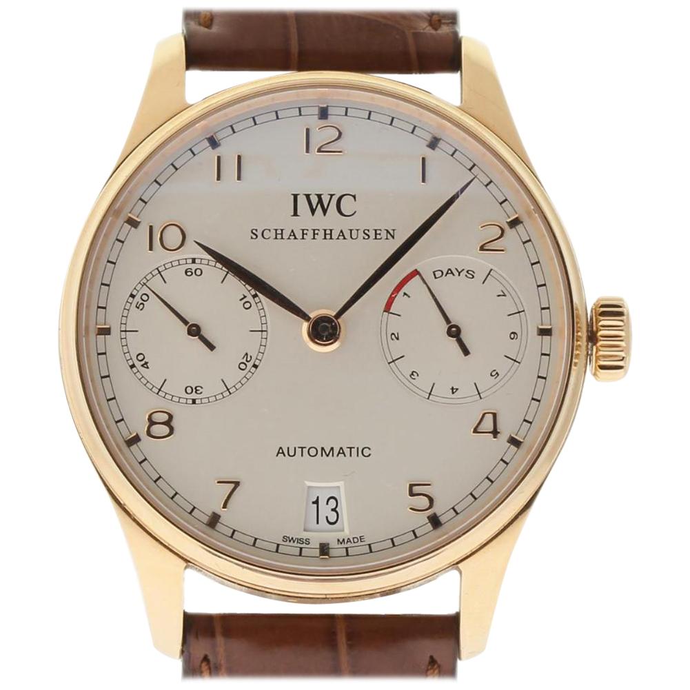 IWC New IW500113 Portuguese 18 Karat Rose Gold Leather Box/Paper/Warranty #IW11 For Sale