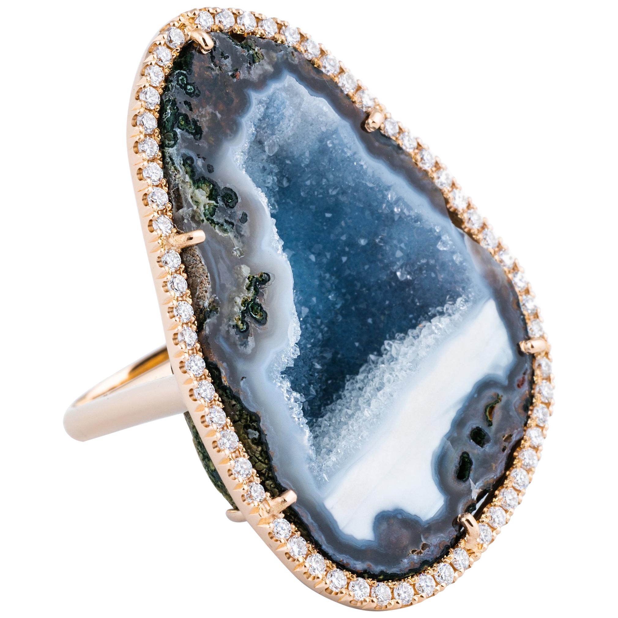 Cocktail Karolin White Diamond Pave Agate Geode Rose Gold Ring For Sale