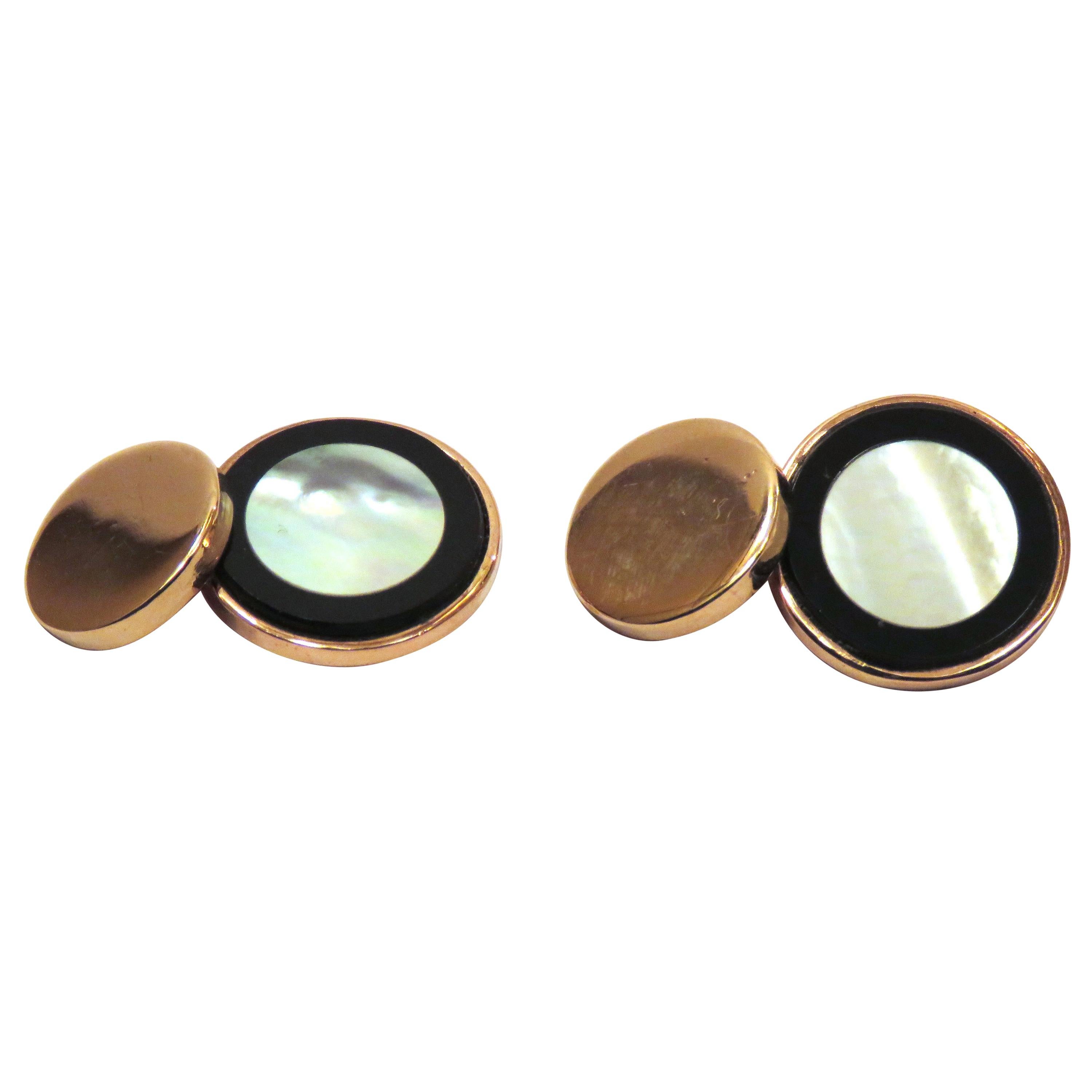 9 Karat Rose Gold Onyx Mother Pearl Cufflinks Handcraft in Italy 