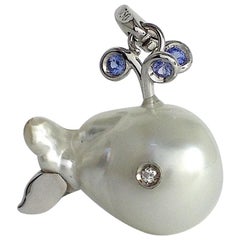 White Diamond Blue Sapphire Pearl 18Kt Gold Whale Pendant/Necklace and Charm