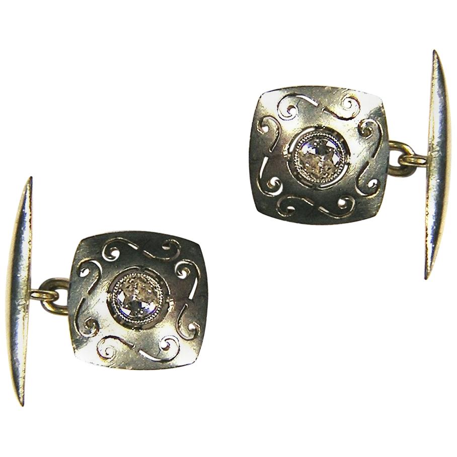 Diamonds Gold Carved Antique Cufflinks For Sale