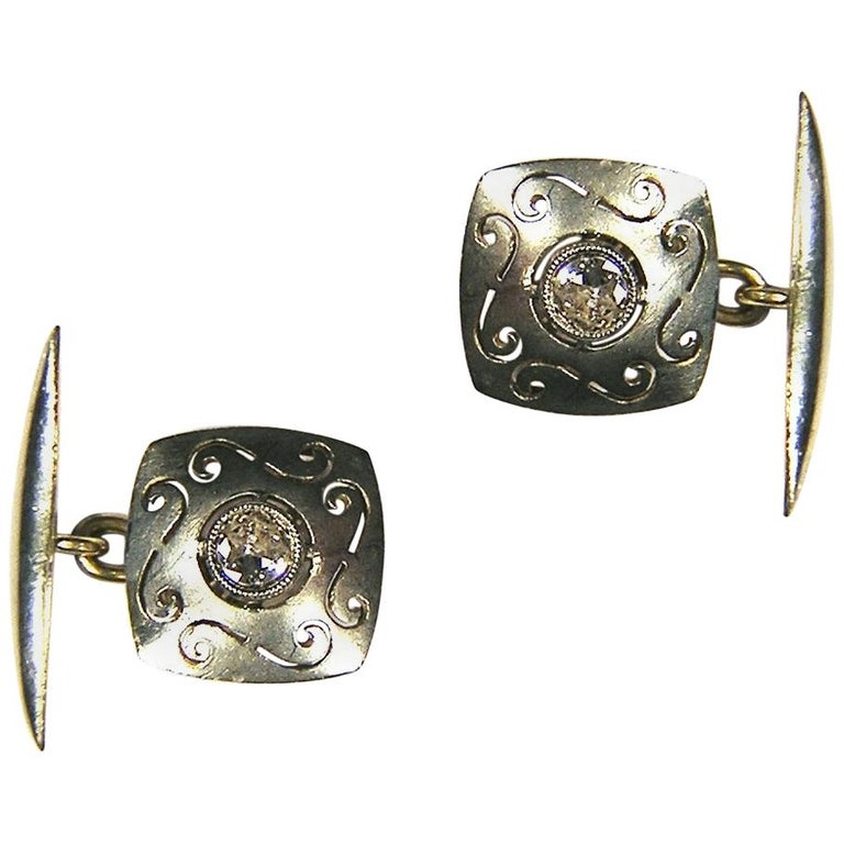 Diamonds Gold Carved Antique Cufflinks For Sale at 1stDibs