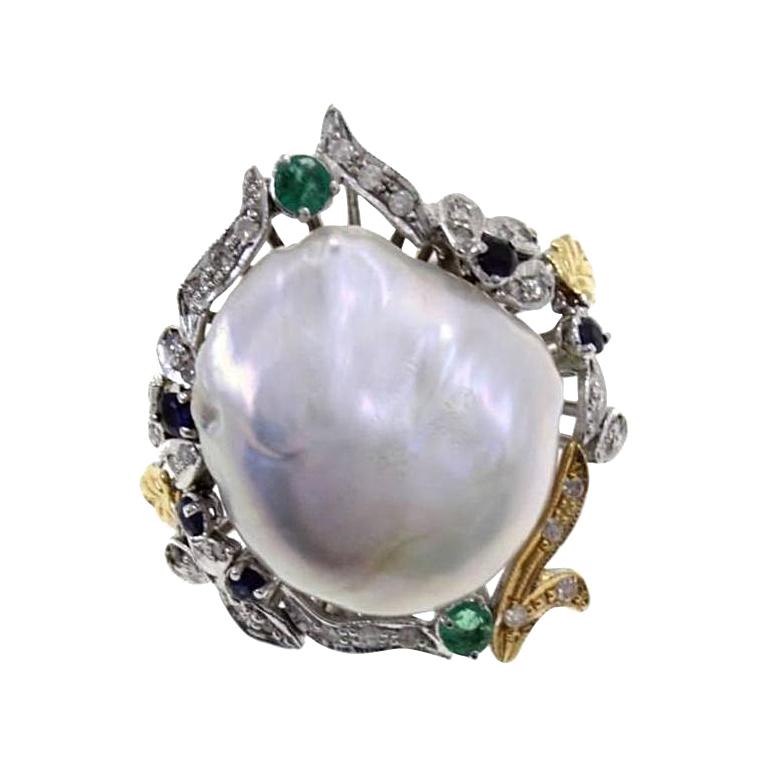 Gold Diamond Sapphire Emerald Pearl Ring
