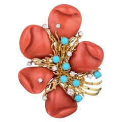 18 Karat Gold Coral Turquoise and Diamond Brooch