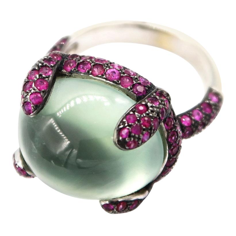 Cabochon Green Amethyst Gold Ring Pavé Pink Sapphire