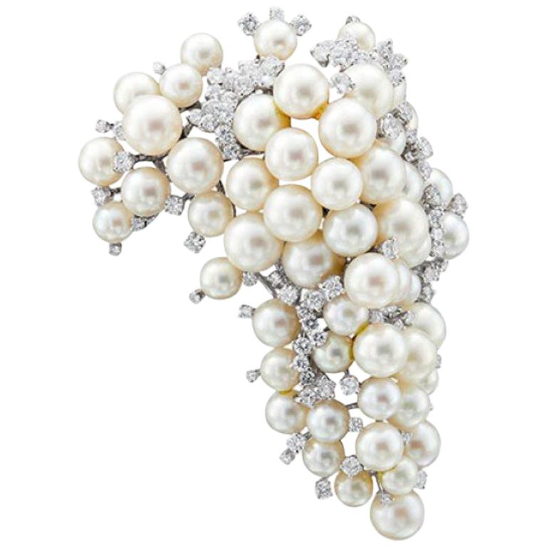 David Webb Platinum Cultured Pearl Cluster Diamond Brooch