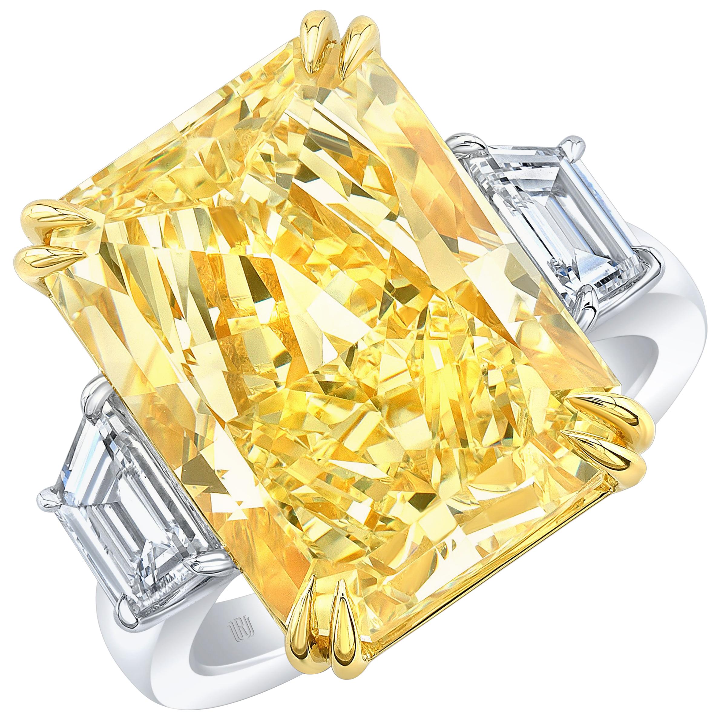 GIA Certified 17.01 Carat Fancy Yellow Radiant VS2 Diamond Engagement Ring For Sale